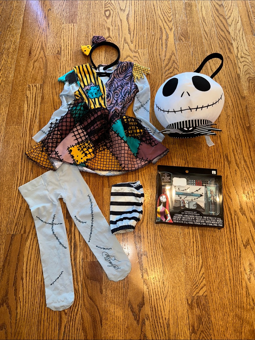 Nightmare Patchwork Sally 2T Costume Dress, cosmetic kit (new), and treat bucket